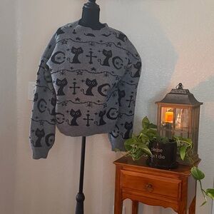 Gray Cat Pattern Crewneck Sweater - Unbranded